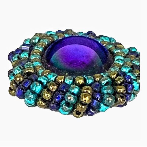 Hand beaded royal blue glass cabs turquoise gold glass bezel pierced earrings - Picture 6 of 13